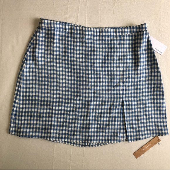 REFORMATION NWT Baker Azure Check 100% Linen Mini Skirt Size 12 - Picture 1 of 12